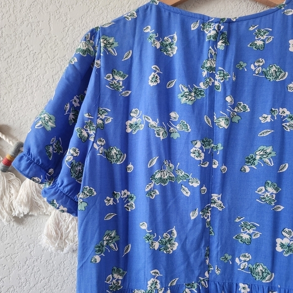 J. Crew Blue Floral Puff Sleeve Tiered Midi Dress Boho Peasant Flowy Beachy L - Picture 10 of 13
